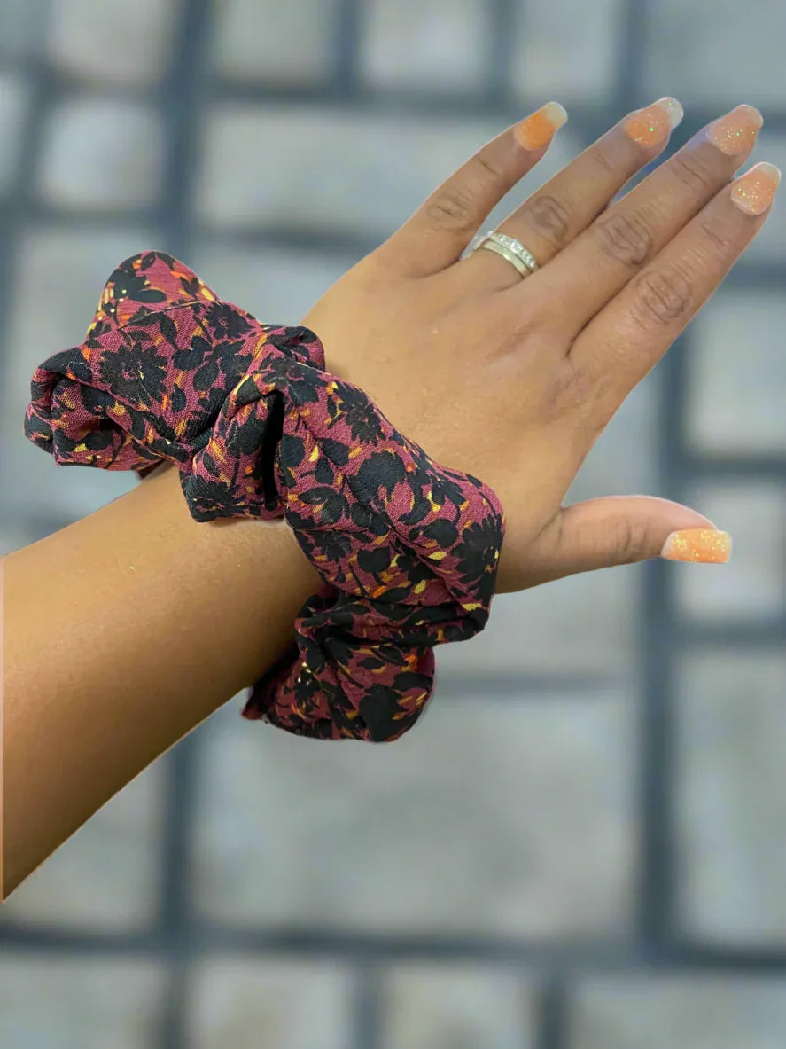 Seasonal Burgundy Gold Forest Scrunchie - Perfect for Autumn Styles - CertifiedScrunchies Incfront view