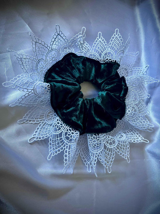 Green Velvet Lace Scrunchie for Elegant Hair Styling - CertifiedScrunchies Incfront view