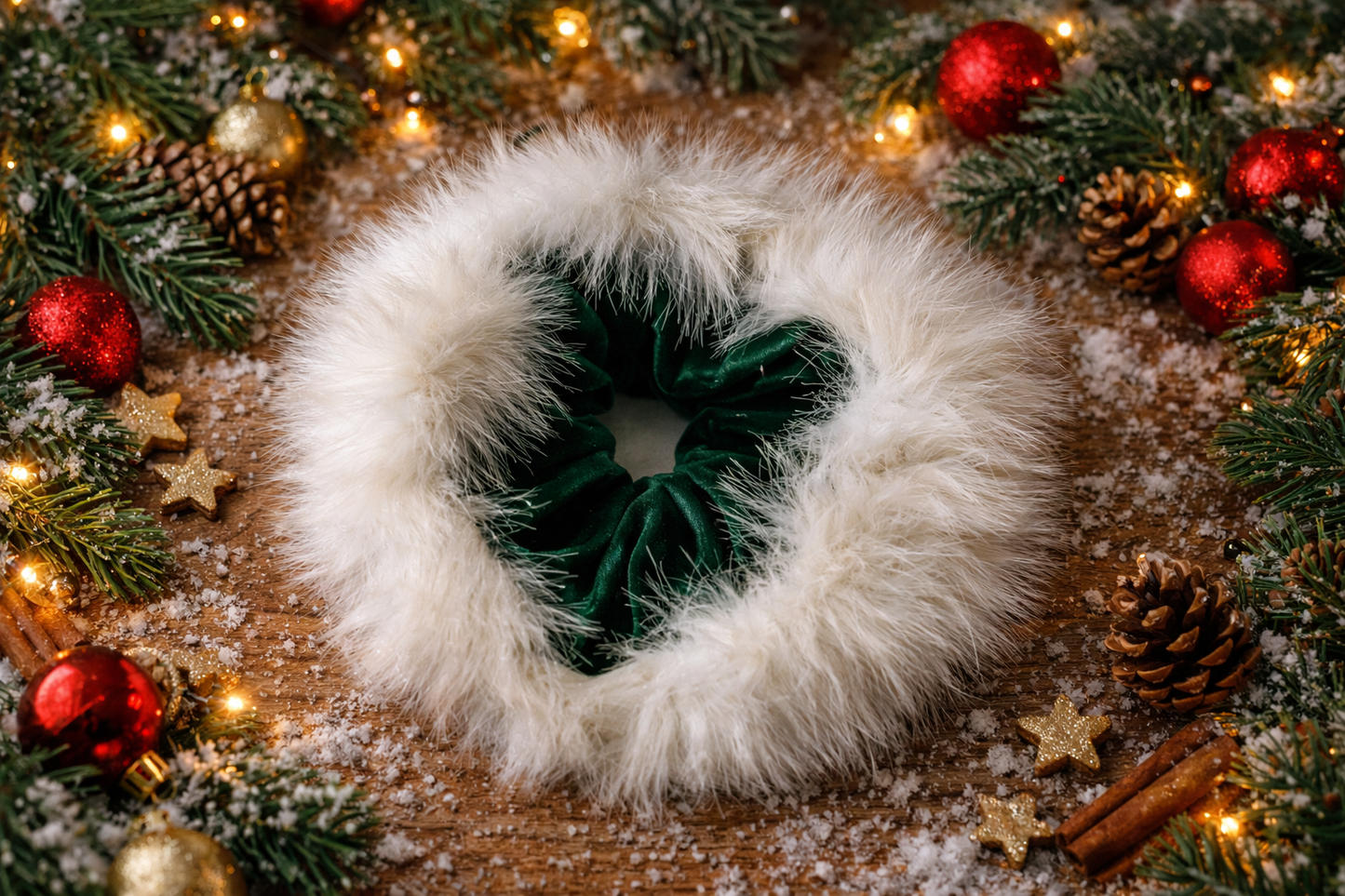 Green scrunchie with white fluffy trim on a decorative Christmas-themed background